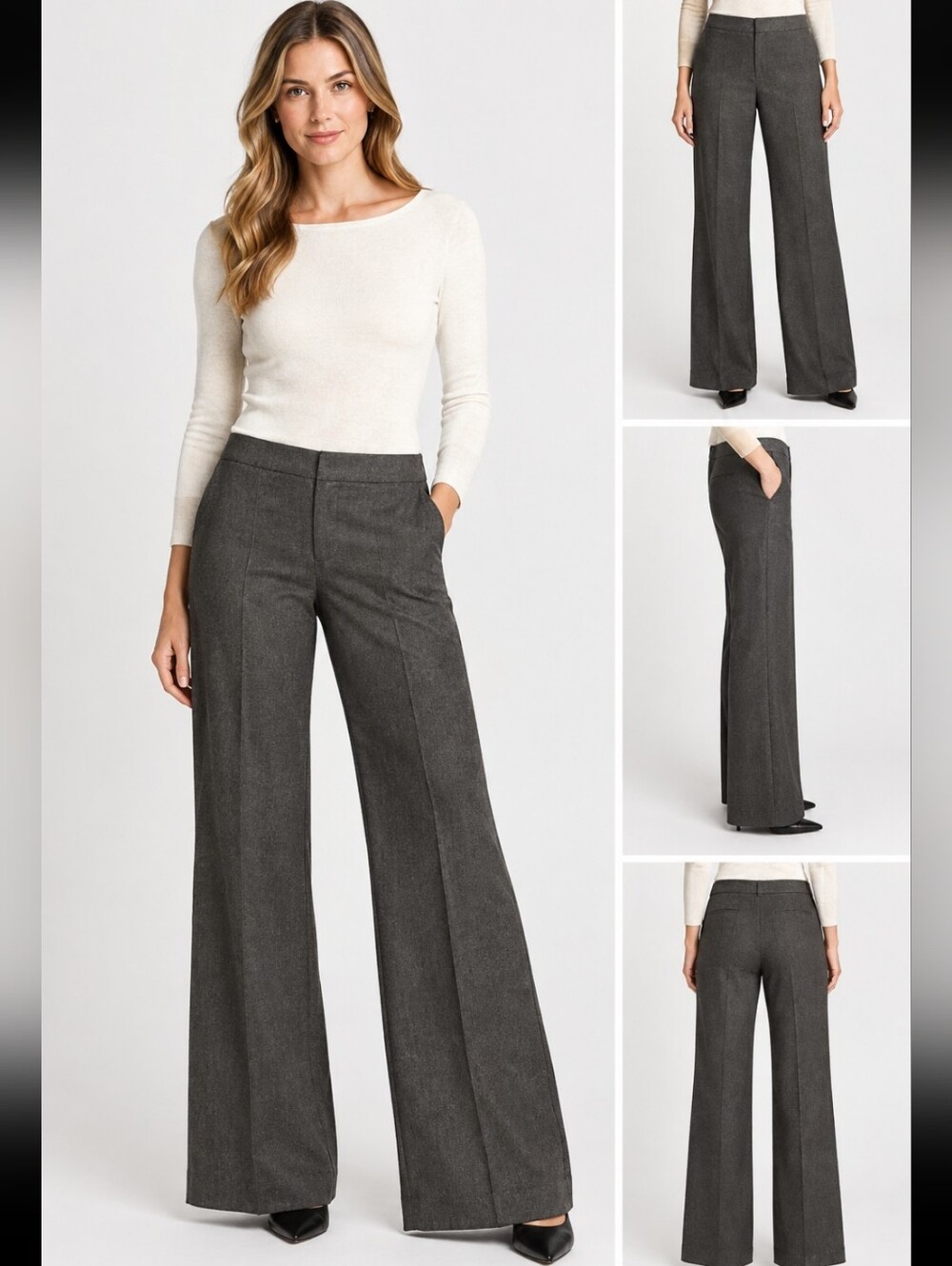 T Tahari Wide Leg Mid-Rise Flat Front Dress Trousers In Charcoal Gray Size 8